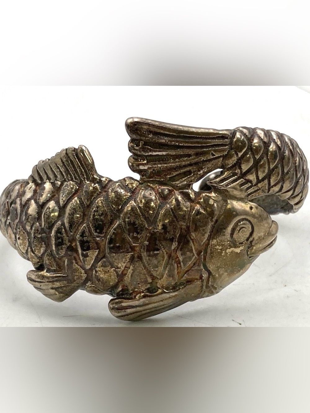 D'Molina 1970’s Vintage Mexico 925 Silver Koi Fish 6” Cuff Bracelet GREAT PATINA
